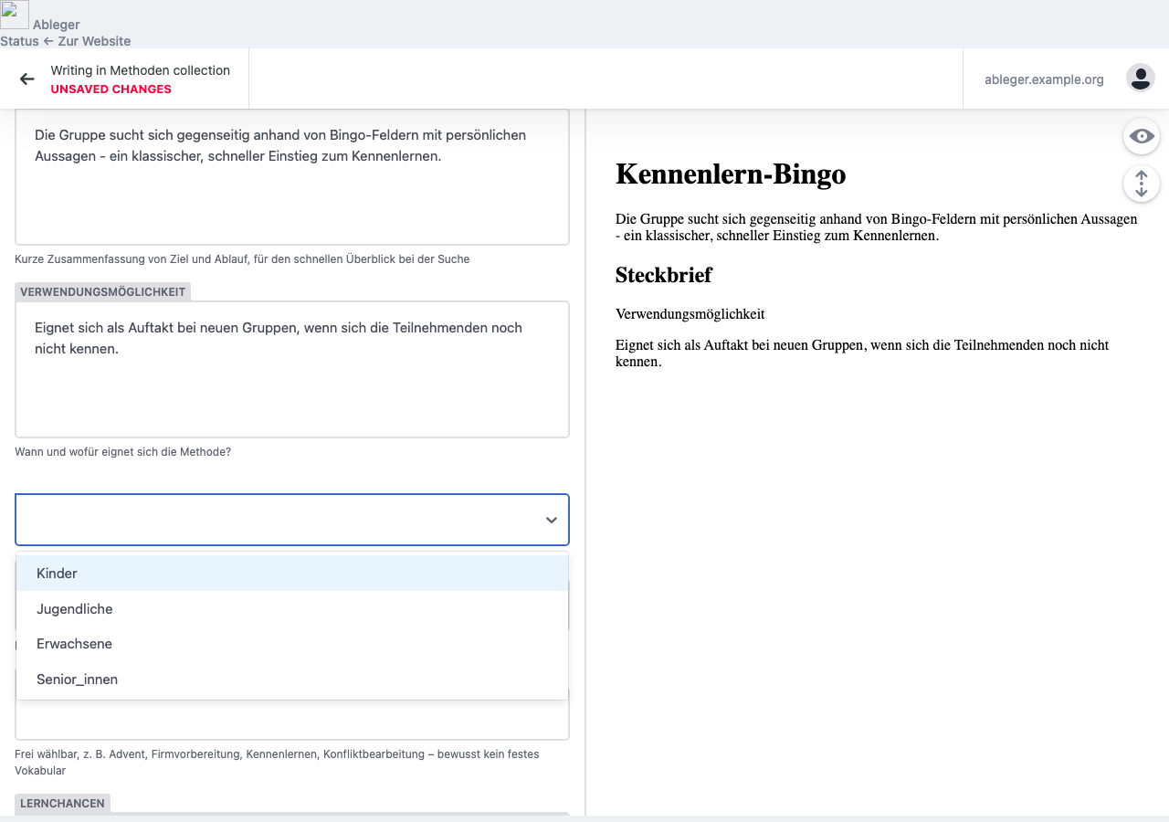Dropdown mit den vier Zielgruppen-Optionen