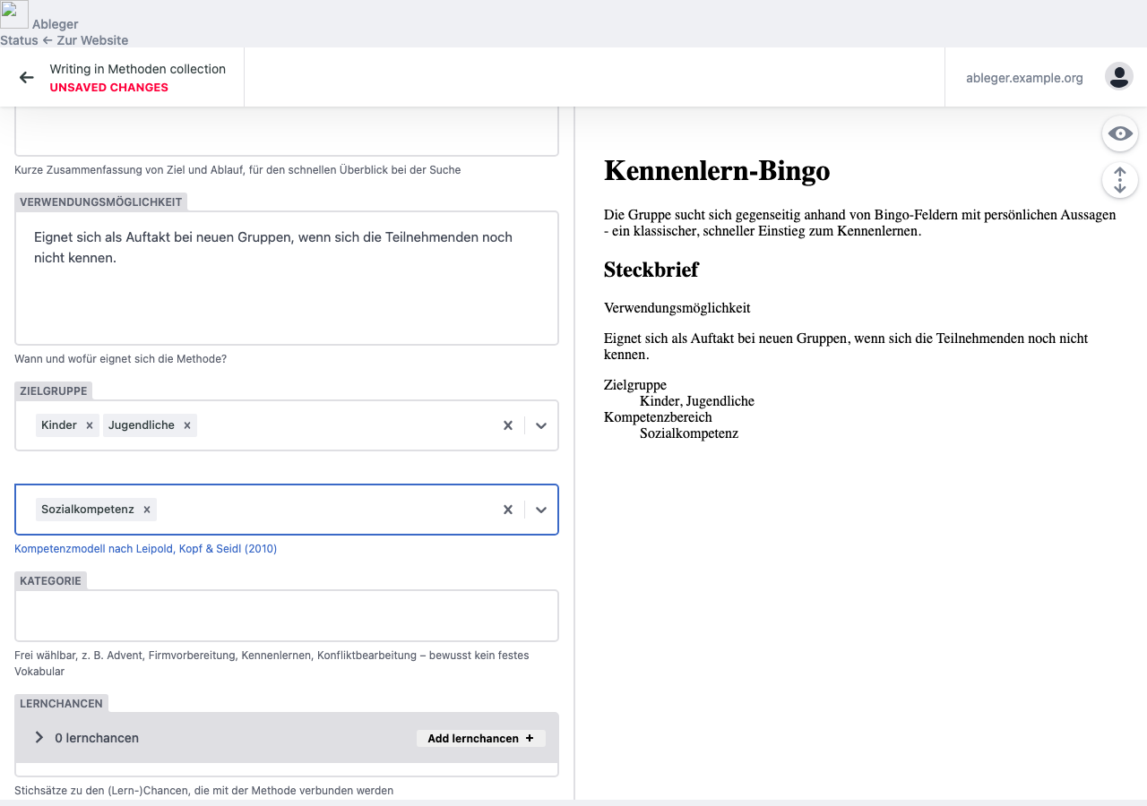 Mehrfachauswahl bei Zielgruppe/Kompetenzbereich, freies Kategorie-Feld