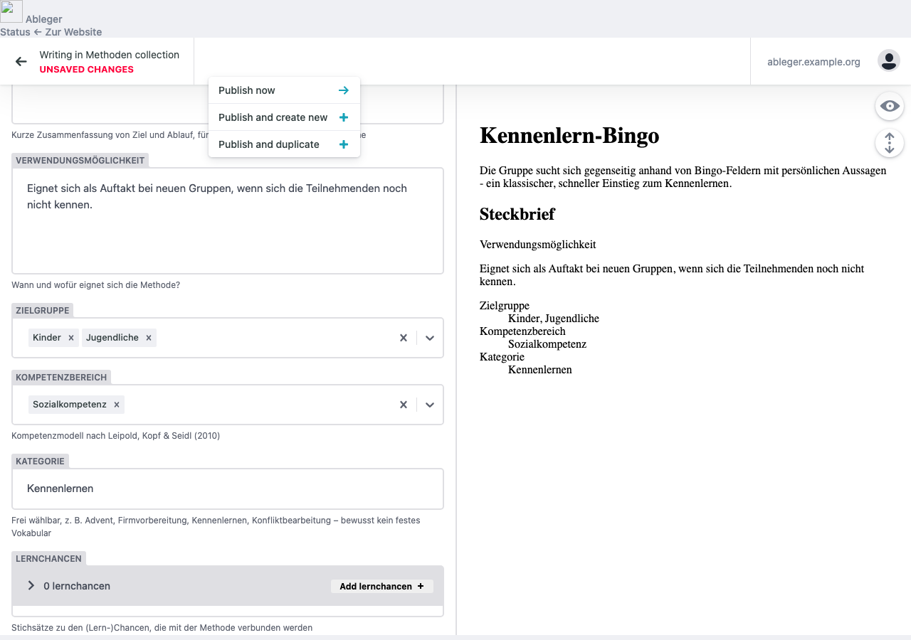 Veröffentlichen-Menü mit „Publish now“