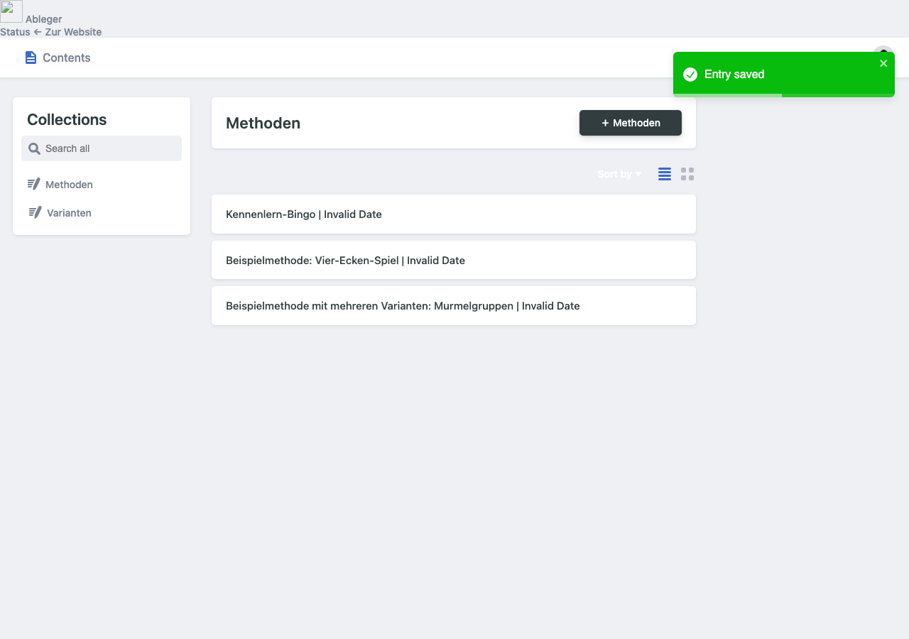 Bestätigung „Entry saved“, neue Methode in der Liste