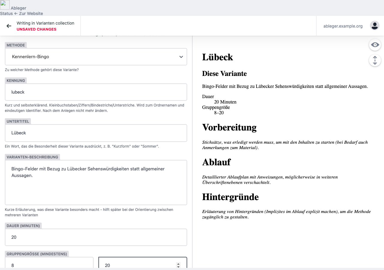 Ausgefüllter Varianten-Steckbrief mit Vorschau