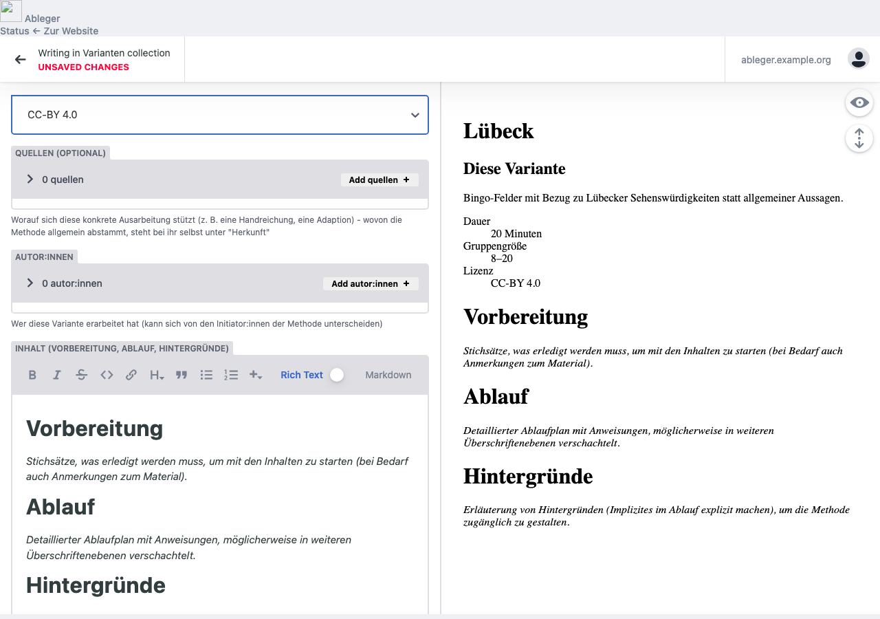Markdown-Editor mit Vorbereitung/Ablauf/Hintergründe